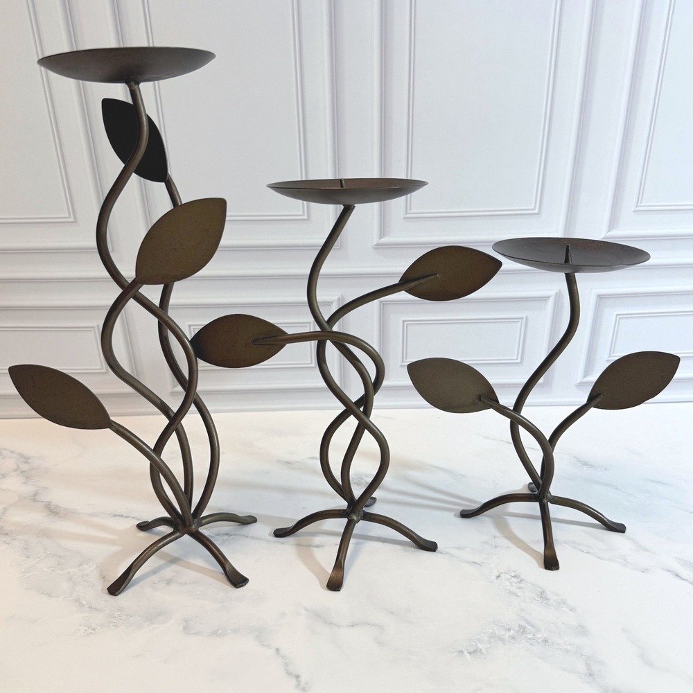 Set of 3 Bronzed Metal Swirl Leaf Freestanding Candleholders 13", 10", 8"